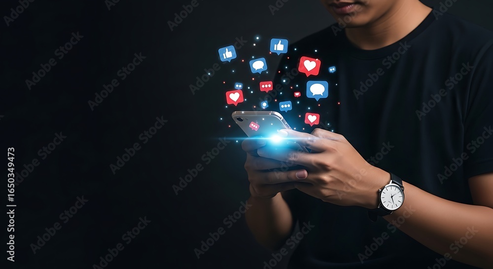 Poster man using a smartphone with social media icons floating around, symbolizing online interaction, enga