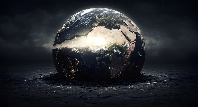 Cracked Earth Globe Emerging from Ash, Anti-Nuclear Symbolism