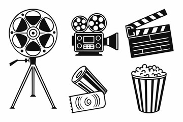 Collection of movie and cinema related symbols isolated on white background