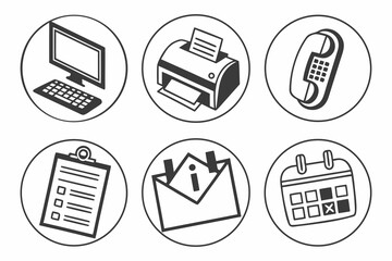 Office equipment icons isolated on white background for business and work