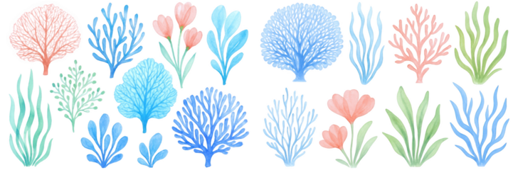 Colorful coral and sea plant designs in vibrant hues of blue and pink, perfect for underwater themes.