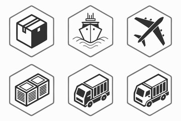 Isometric icons representing various modes of transportation and delivery