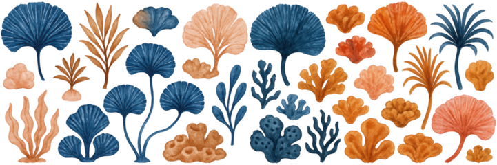 Colorful, hand-drawn aquatic plants and corals in vibrant hues, showcasing marine life diversity.