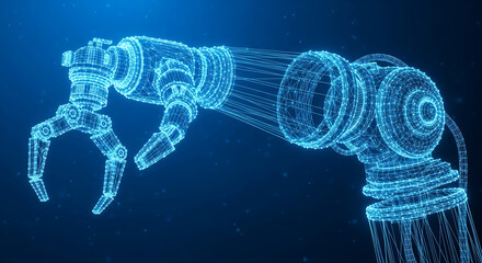 Vibrant blue digital outline of a robotic arm, embodying the future of automation, precision engineering, and innovative industrial technology advancements.