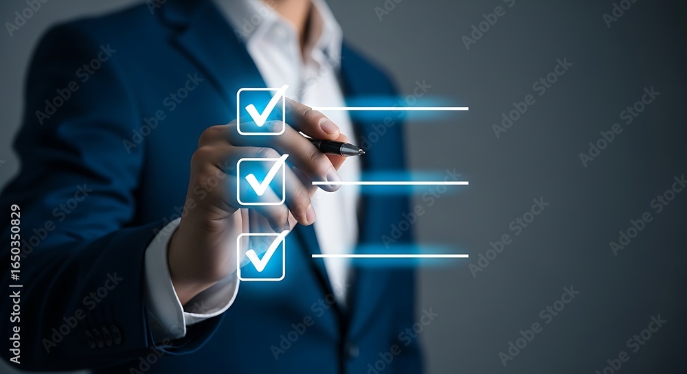 Poster businessman checking off items on a digital checklist, representing task completion, goal achievemen