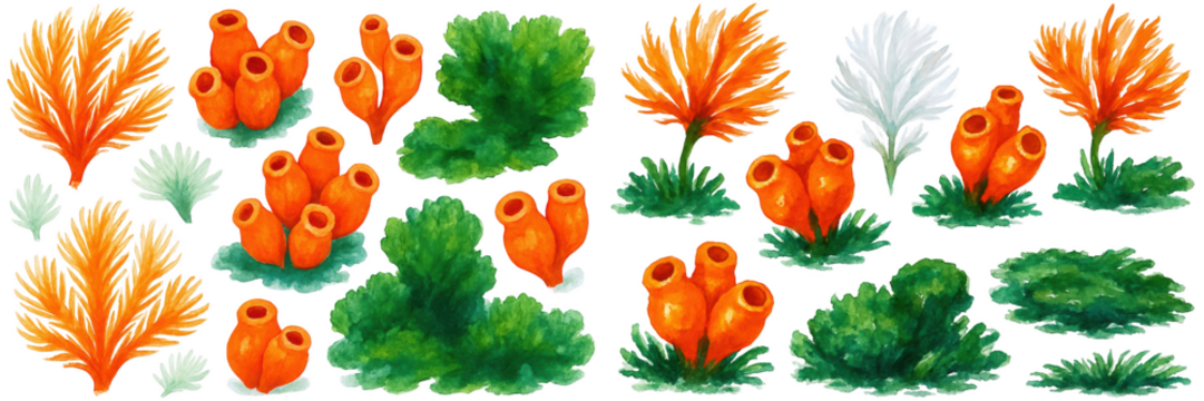 Vibrant orange coral and seaweed illustrations showcasing underwater beauty.