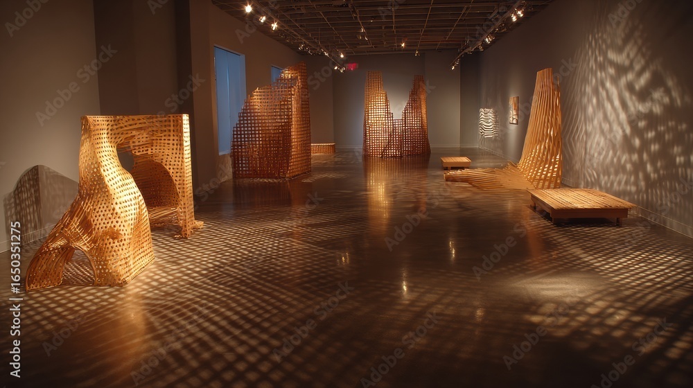 Poster art installation displaying wooden sculptures casting intricate shadows in a modern gallery setting 