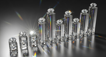 Sparkling diamonds atop clear, crystal columns arranged in a rising bar graph formation, reflecting light.