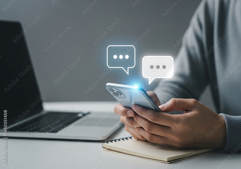 Poster person using smartphone for online communication with chat message icons, next to laptop and noteboo