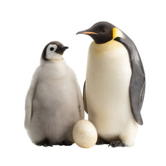 Fototapeta premium Png of An adult emperor penguin and a fluffy chick beside a speckled egg, showcasing a tender moment in the cold environment.