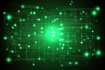 Abstract digital artwork depicting a glowing green circuit board with interconnected nodes and pathways, radiating from a central bright point