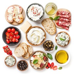 Assorted appetizers and snacks,  arranged on a white background
