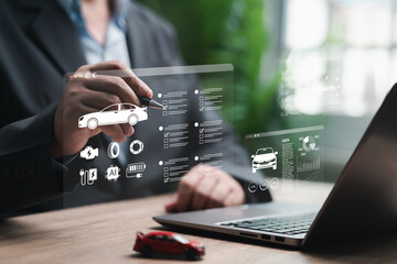 Car service and AI-Powered Automotive Repair Analytics, Businessman reviews statistical data from...