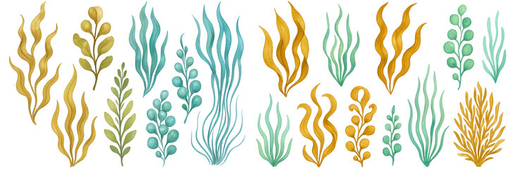 Colorful underwater plants in various shapes and sizes, showcasing vibrant greens and yellows.