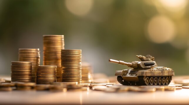 Stacks of coins facing military tank symbolizing war economy, defense budget, financial costs of conflict, and global military spending impact