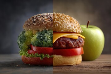 Comparing healthy food choices with unhealthy diet options in a split image showcasing vibrant vegetables alongside a cheeseburger