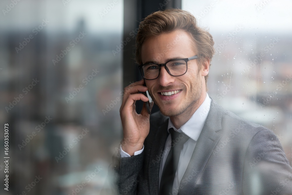 Poster successful manager engaged in a professional telephone conversation with clients while smiling confi