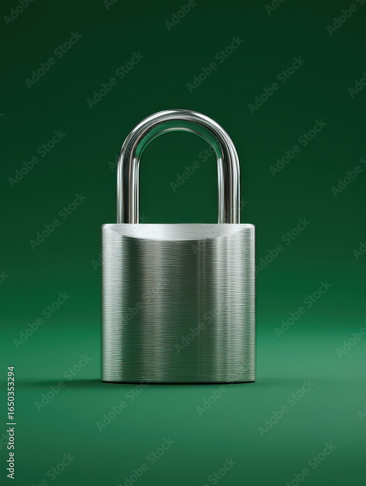 Poster minimal silver padlock isolated on green background representing sleek secure access design emphasiz