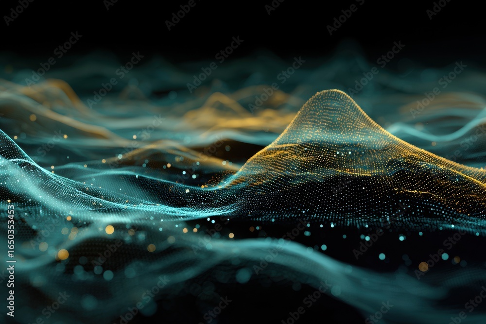 Aufkleber exploration of an abstract digital landscape with undulating flows of data and luminous particles in