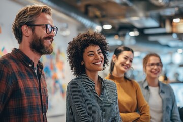 Group of diverse professionals engaging in collaborative discussion at a modern office space during a creative brainstorming session