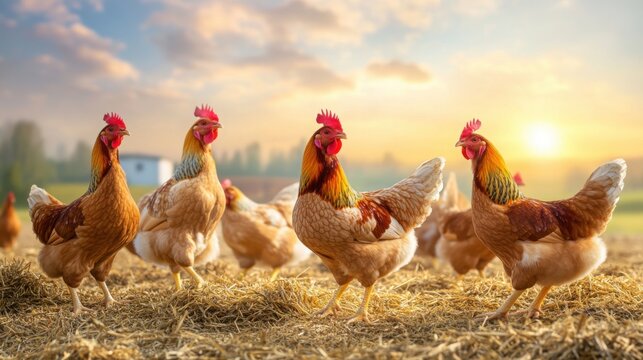 chickens in various poses, some pecking at the ground while others stand tall, their feathers ruffling in the breeze, on a blurred farm background - Powered by Adobe