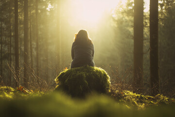 A woman meditating on moss-covered stone in serene forest with golden hour mist and ethereal light, Generative AI