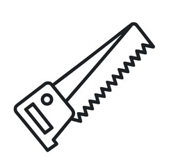 Black and white icon of a handsaw tool cutting