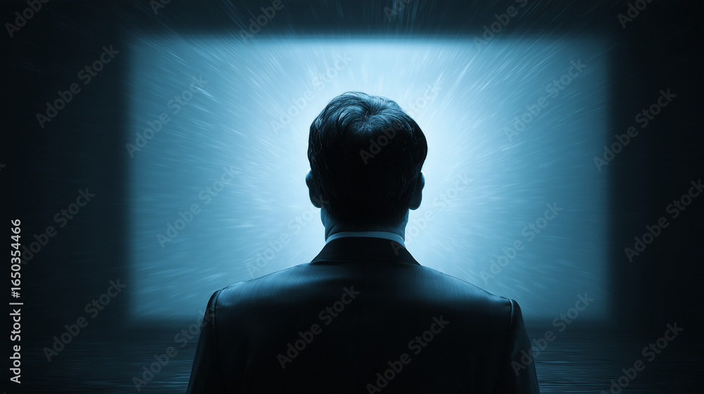 Poster silhouette of a man standing in front of a large empty screen in a warehouse, evoking a sense of con