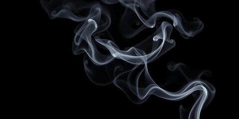 Fototapeta premium Wispy gray smoke curls and dissipates against a stark black background, photography, still life