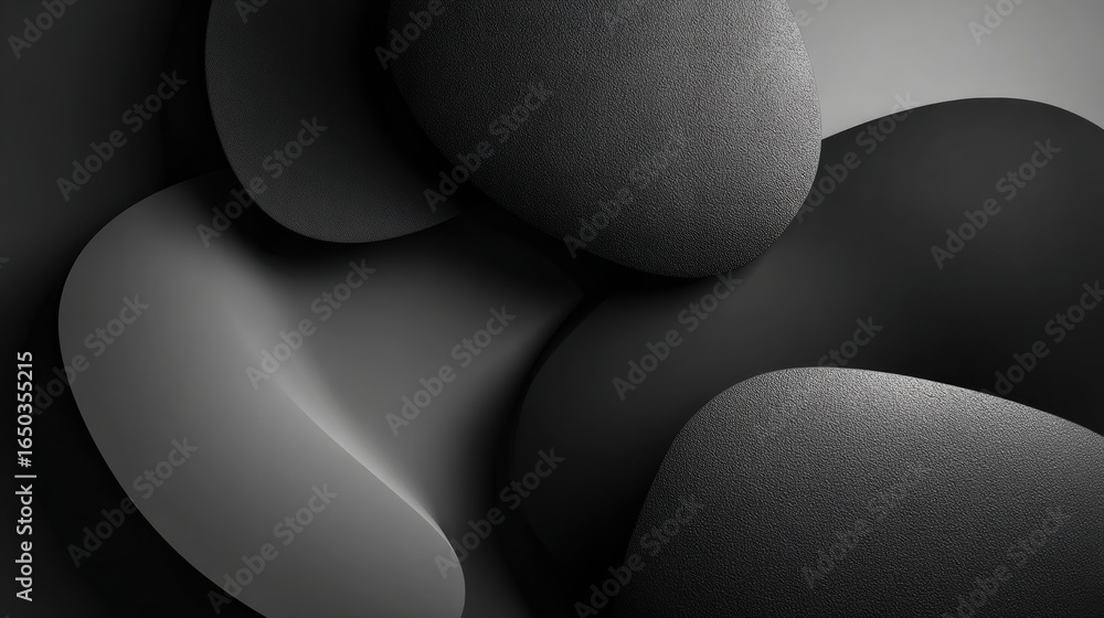 Poster modern abstract art sculpture featuring smooth black and gray shapes interlocking on a minimalist ba