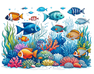 Fish swim near coral reef, with plants in the background, for coloring book, art,