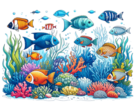 Fish swim near coral reef, with plants in the background, for coloring book, art, 