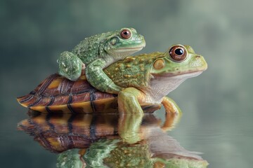 Fototapeta premium Frog resting comfortably on the back of a turtle, showcasing a moment of interspecies friendship in a serene aquatic environment