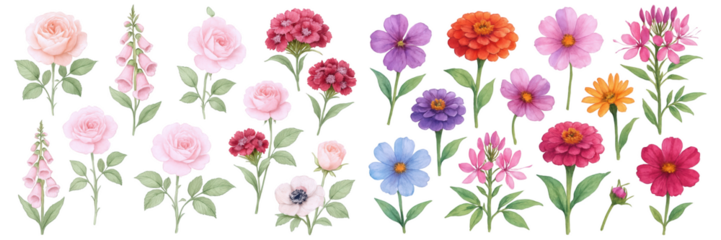 A vibrant array of colorful flowers, including roses and zinnias, perfect for any design.