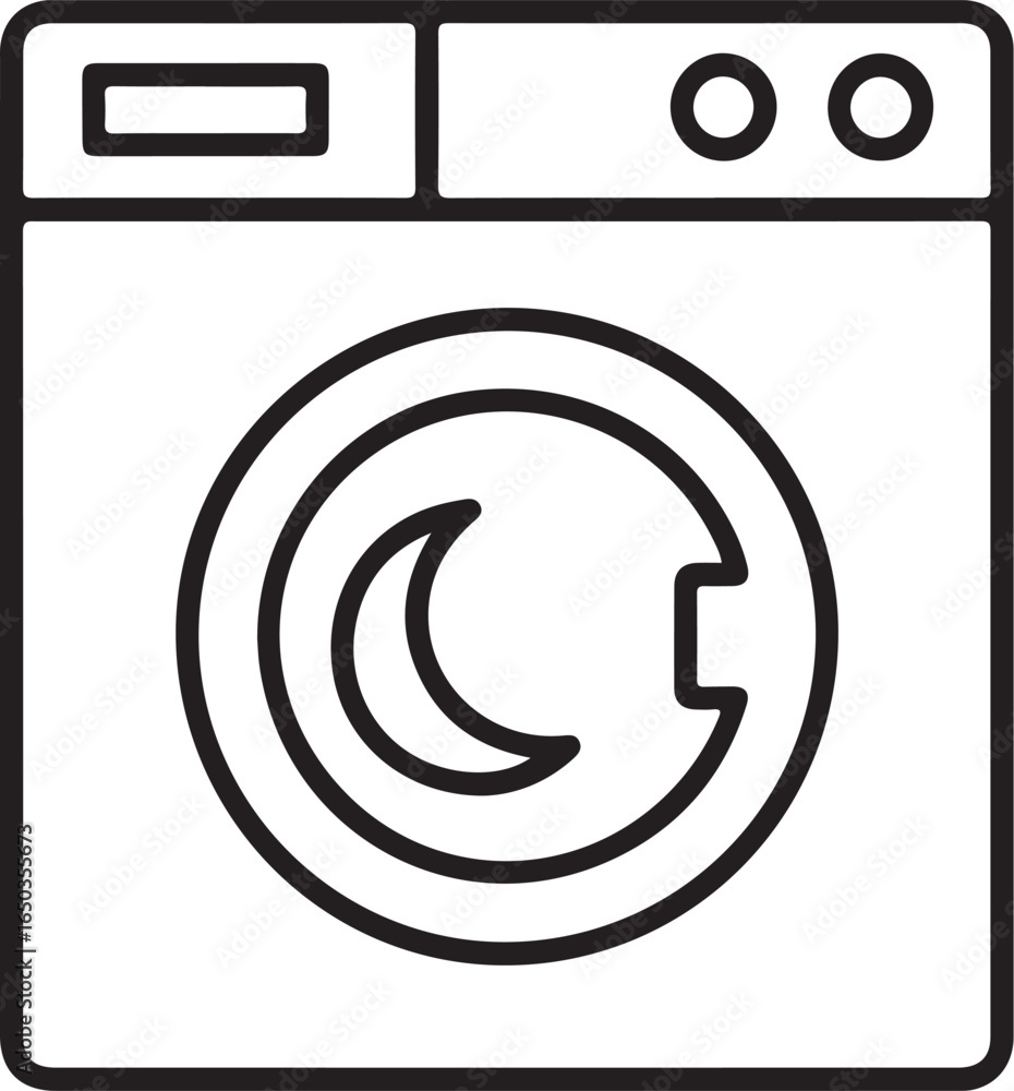 Poster simple line art illustration of a front loading washing machine with a circular door