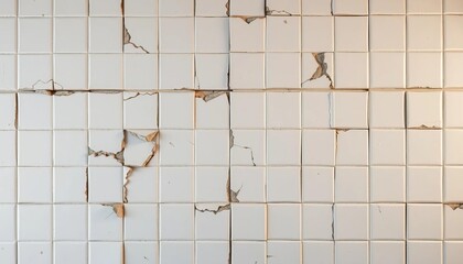 A wall of broken white tiles, showing significant damage and decay, white, fragmented