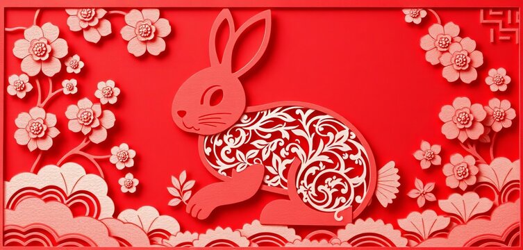 Intricate red paper cut rabbit, layered relief texture, traditional Chinese style,  chinese new year,  illustration