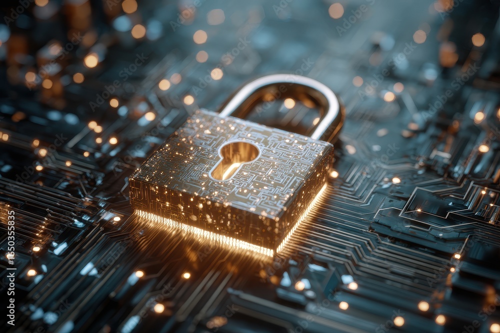 Poster glowing digital padlock illuminated on a circuit board showcasing advanced cybersecurity technology