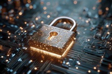 Glowing digital padlock illuminated on a circuit board showcasing advanced cybersecurity technology