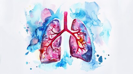 Abstract watercolor illustration of human lungs showing medical anatomy details with soft brush strokes and vibrant colors, suitable for educational materials, healthcare presentations, or medical 