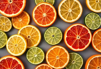 Obraz premium Vibrant citrus fruit slices arranged in a colorful pattern, showcasing oranges, grapefruits, and limes.