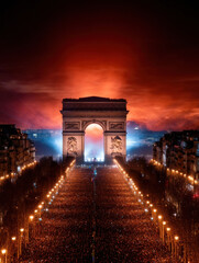 stunning night view of the Arc de Triomphe in Paris, illuminated under a vibrant sky, with a large crowd gathered below.