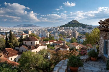Obraz premium Panoramic view over Old Town Athens showcases historic architecture and modern cityscape under a vibrant sky during golden hour