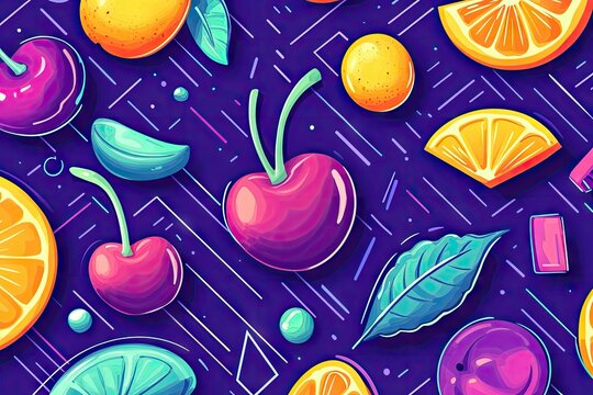 Vibrant, stylized illustration of cherries, oranges, and leaves on a dark purple background with neon geometric lines and splashes
