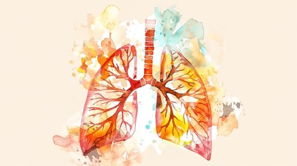Abstract watercolor illustration of human lungs showing medical anatomy details with soft brush strokes and vibrant colors, suitable for educational materials, healthcare presentations, or medical 