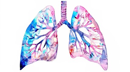 Abstract watercolor illustration of human lungs showing medical anatomy details with soft brush strokes and vibrant colors, suitable for educational materials, healthcare presentations, or medical 