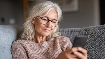 relaxed mature old 60s woman older middle aged female customer holding smartphone using mobile app texting message search ecommerce offers on cell phone technology device sitting on couch at home no 