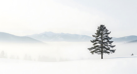 Obraz premium A lone evergreen tree stands in a snow-covered field, with mountains and fog visible in the background under a bright, overcast sky.