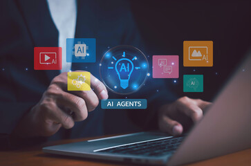 Business professional interacting with AI agent icons, representing artificial intelligence automation, machine learning, and digital transformation for business innovation.