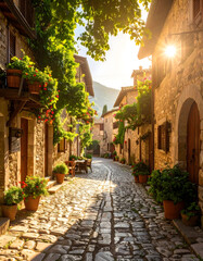 Fototapeta premium guided walking tour in a small mountain village, stone-paved streets, old architecture